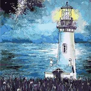 Lighthouse by Night – 40 x 50 cm High Quality Paint by Numbers Kit Cotton Canvas stretched on Wooden Frame by Tsvetnoy