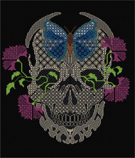 DoodleCraft – Cross Stitch & Blackwork kit – Skull (with flowers and insects)