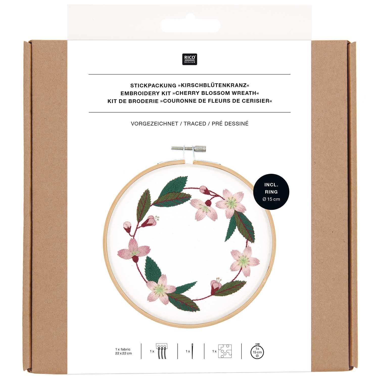 Rico Design Embroidery Kit – Cherry Blossom Wreath – includes hoop