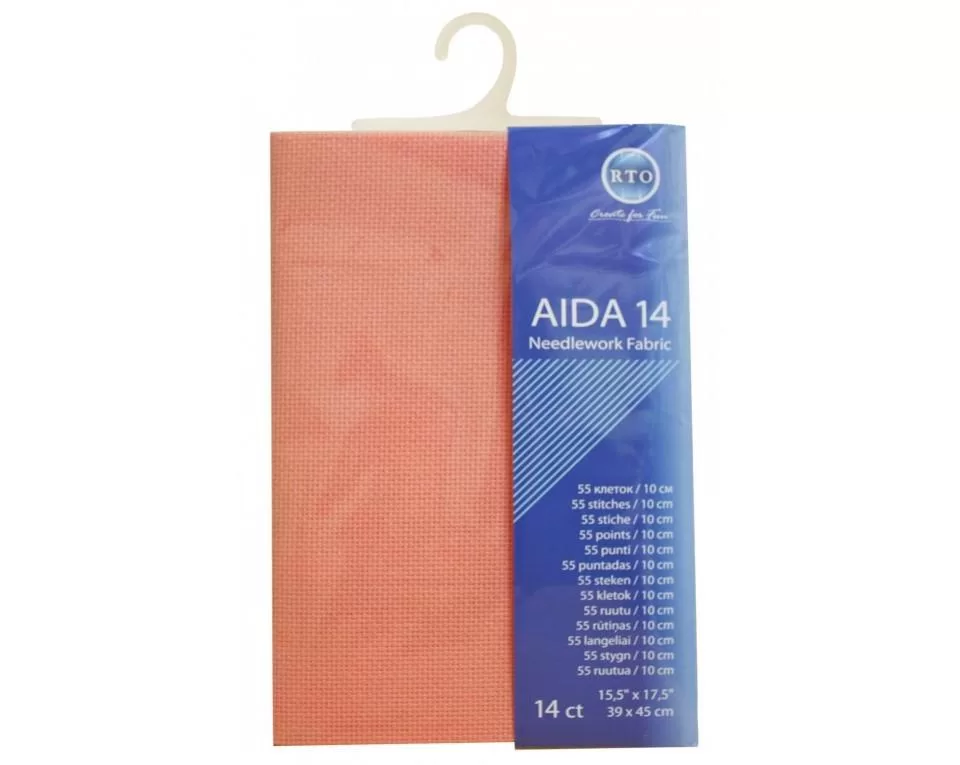 RTO prepacked Aida Cross stitch fabric SALMON PINK 14 count, 15.5” x 17.5”. 39cm x 45cm.